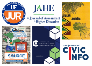 A collage of six journal covers and logos for the Journal of Undergraduate Research, the Journal of Assessment in Higher Education, Studies in African Linguistics, SOURCE Magazine, the Journal of Public Interest Communications, and the Journal of Civic Information